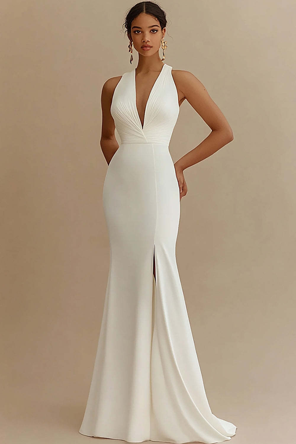 Leely Women Ivory Mermaid Satin Rehearsal Dinner Dress with Slit V-Neck Maxi Engagement Dress