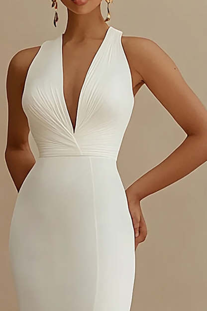 Ivory Mermaid Maxi V-Neck Sleeveless Rehearsal Dinner Dress with Slit