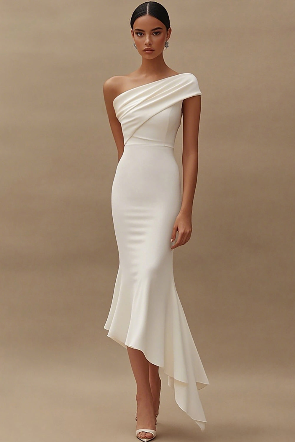 Leely Women Ivory Mermaid Midi Engagement Dress Satin One Shoulder Asymmetrical Rehearsal Dress