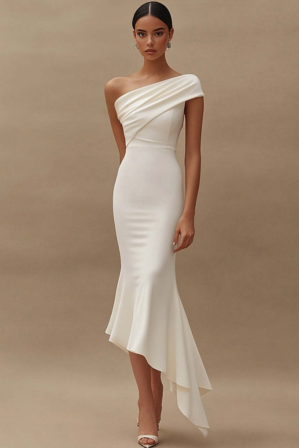 Leely Women Ivory Mermaid Midi Engagement Dress Satin One Shoulder Asymmetrical Rehearsal Dress