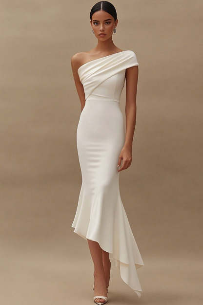 Leely Women Ivory Mermaid Midi Engagement Dress Satin One Shoulder Asymmetrical Rehearsal Dress