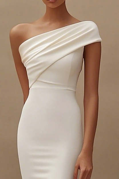 Ivory Mermaid One Shoulder Satin Midi Engagement Dress