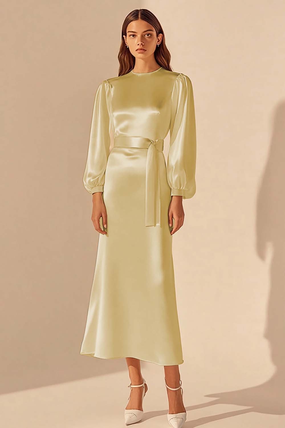 Ivory Round Neck Sheath Satin Maxi Rehearsal Dinner Dress with Sleeves