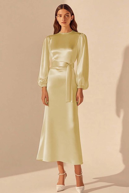 Ivory Round Neck Sheath Satin Maxi Rehearsal Dinner Dress with Sleeves