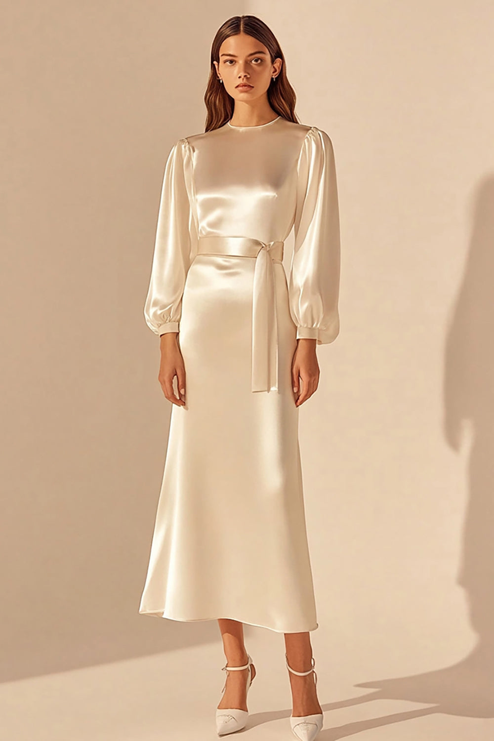Ivory Round Neck Sheath Satin Maxi Rehearsal Dinner Dress with Sleeves