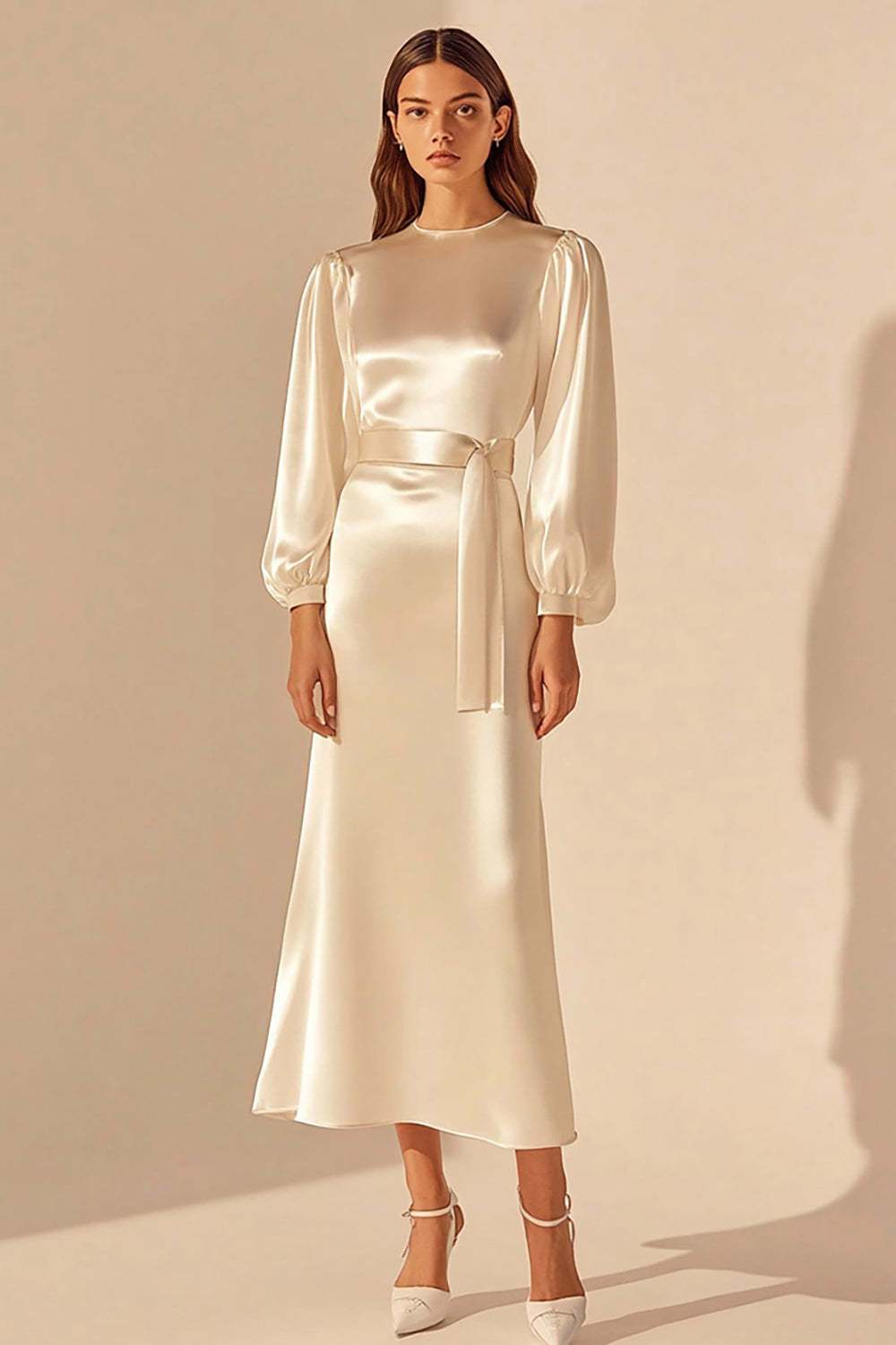 Ivory Round Neck Sheath Satin Maxi Rehearsal Dinner Dress with Sleeves