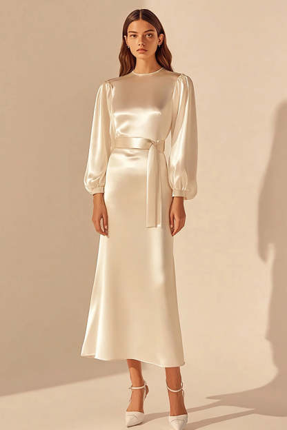 Ivory Round Neck Sheath Satin Maxi Rehearsal Dinner Dress with Sleeves