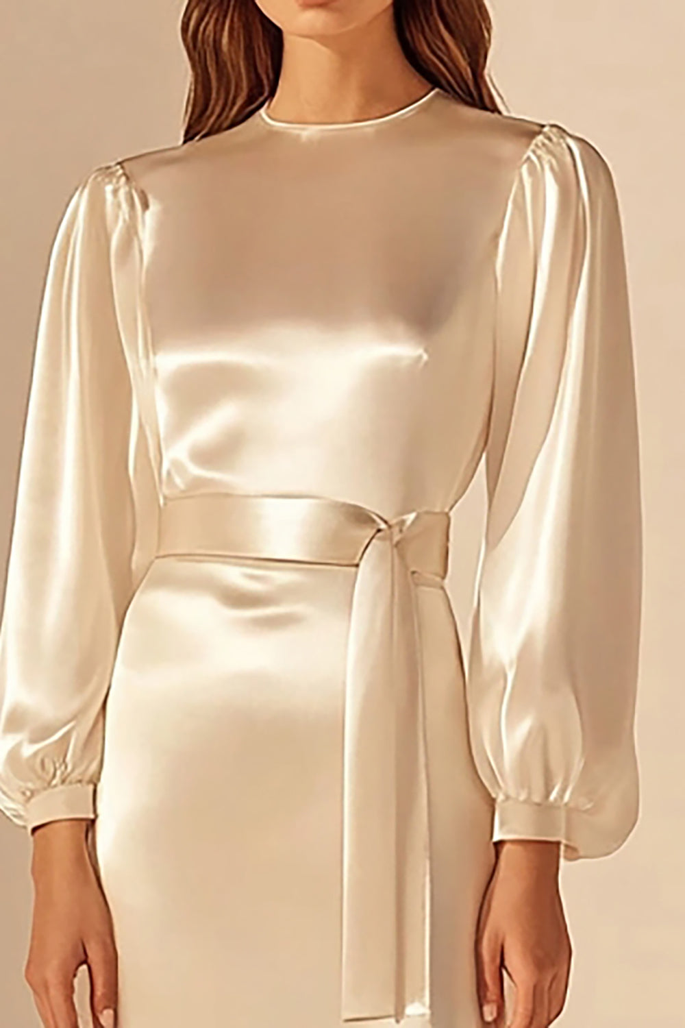Ivory Round Neck Sheath Satin Maxi Rehearsal Dinner Dress with Sleeves