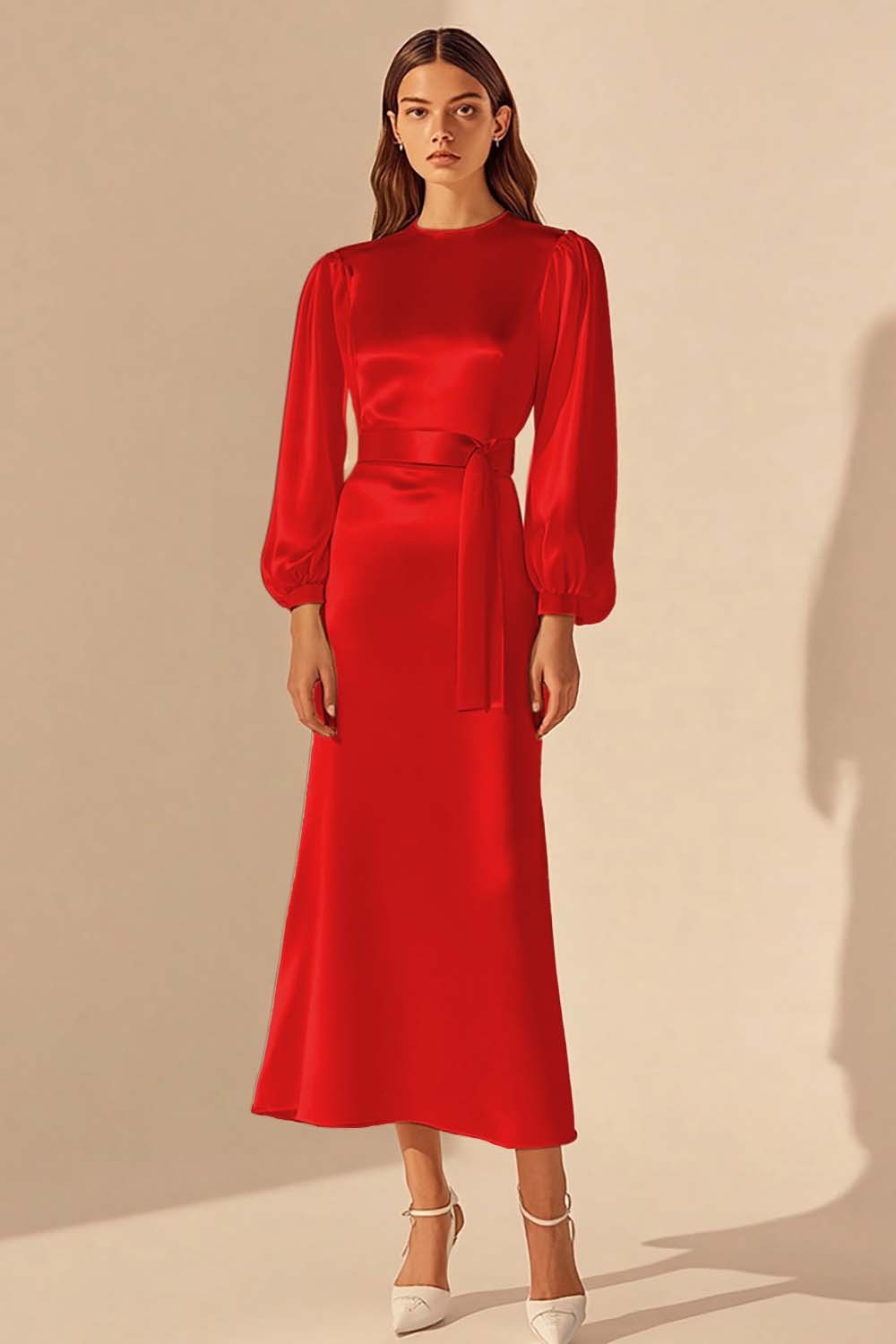 Ivory Round Neck Sheath Satin Maxi Rehearsal Dinner Dress with Sleeves