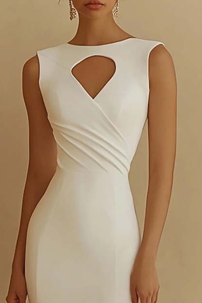 Ivory Boat Neck Satin Keyhole Mermaid Maxi Rehearsal Dinner Dress