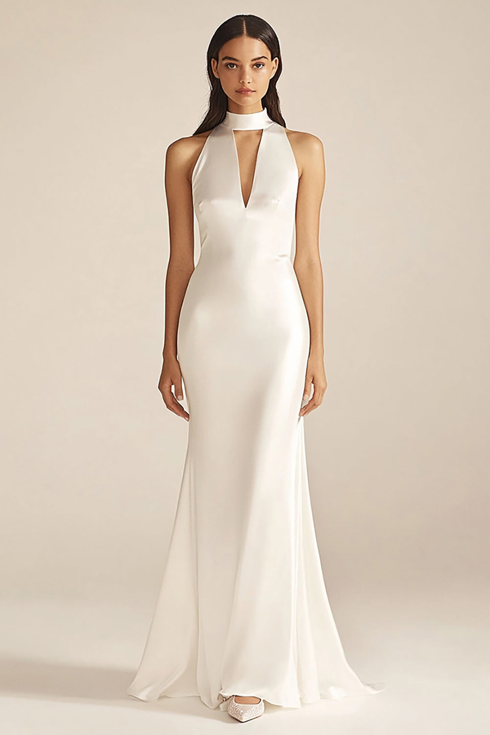 Ivory Satin High Neck Mermaid Keyhole Maxi Rehearsal Dinner Dress