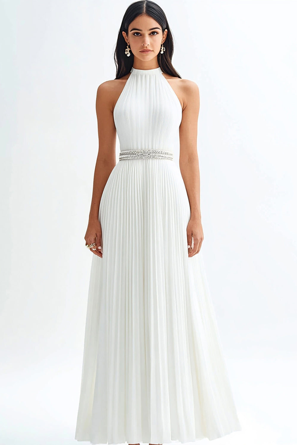 Ivory High Neck Pleated A Line Maxi Rehearsal Dinner Dress with Beading