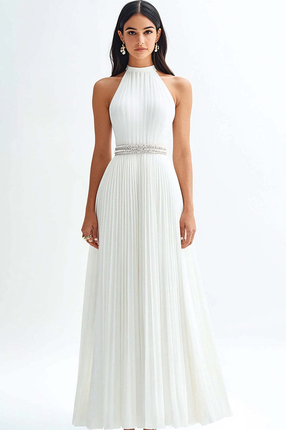 Leely Women Sparkly Ivory Pleated Rehearsal Dinner Dress High Neck Beaded Maxi A Line Wedding Reception Dress