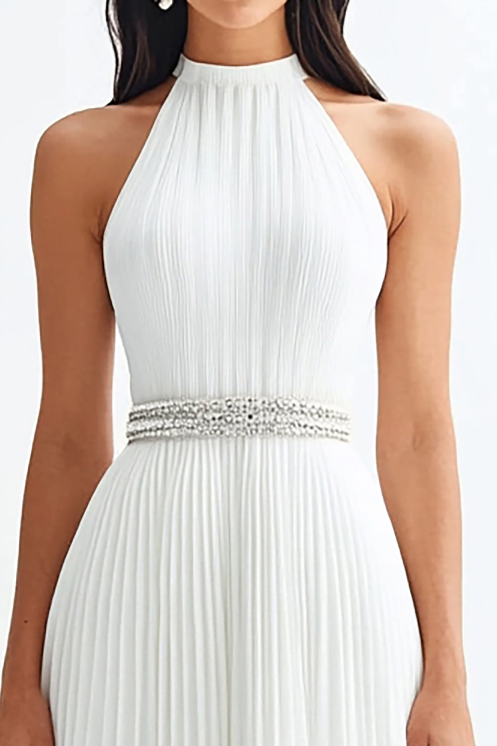 Ivory High Neck Pleated A Line Maxi Rehearsal Dinner Dress with Beading
