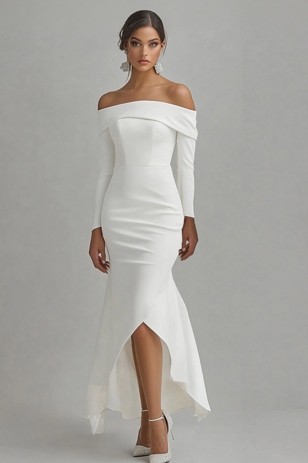 Leely Women Ivory Mermaid Satin High-Low Engagement Dress with Sleeves Off the Shoulder Asymmetrical Rehearsal Dinner Dress