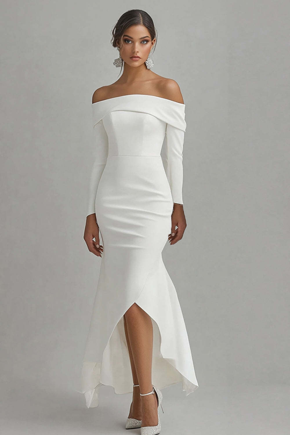 Leely Women Ivory Mermaid Satin High-Low Engagement Dress with Sleeves Off the Shoulder Asymmetrical Rehearsal Dinner Dress