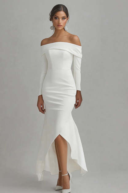 Leely Women Ivory Mermaid Satin High-Low Engagement Dress with Sleeves Off the Shoulder Asymmetrical Rehearsal Dinner Dress