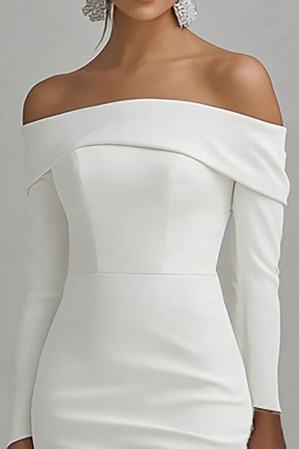 Ivory Off the Shoulder Satin Mermaid High-Low Engagement Dress with Sleeves
