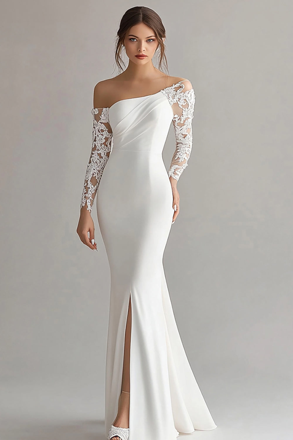 Leely Women Ivory Satin Maxi Mermaid Rehearsal Dinner Dress with Lace Long Sleeves One Shoulder Wedding Reception Dress with Slit