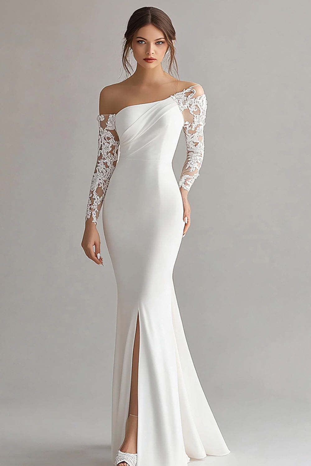 Leely Women Ivory Satin Maxi Mermaid Rehearsal Dinner Dress with Lace Long Sleeves One Shoulder Wedding Reception Dress with Slit