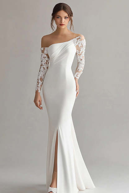 Leely Women Ivory Satin Maxi Mermaid Rehearsal Dinner Dress with Lace Long Sleeves One Shoulder Wedding Reception Dress with Slit