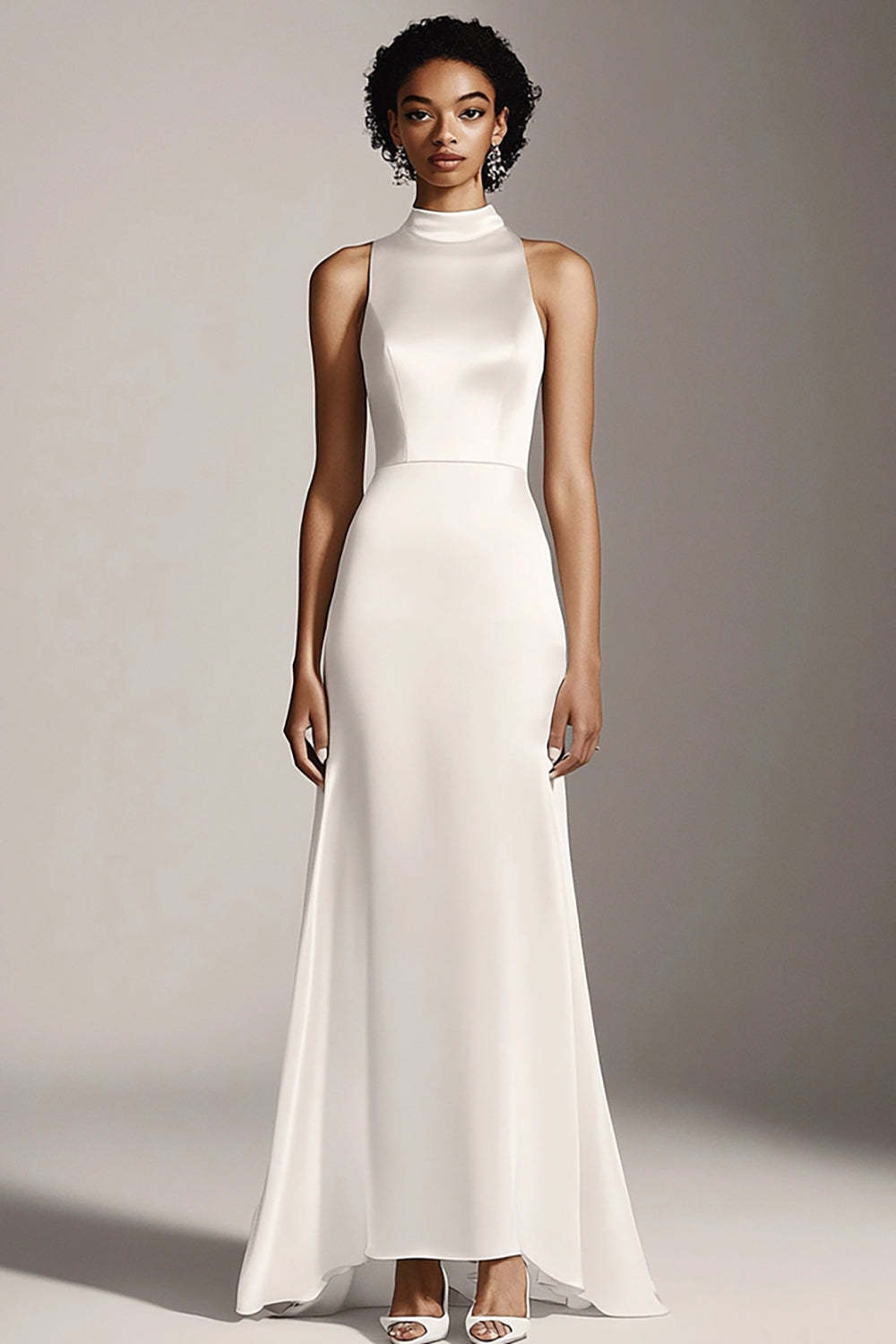 Leely Women Ivory Satin Maxi Rehearsal Dinner Dress High Neck Mermaid Wedding Reception Dress