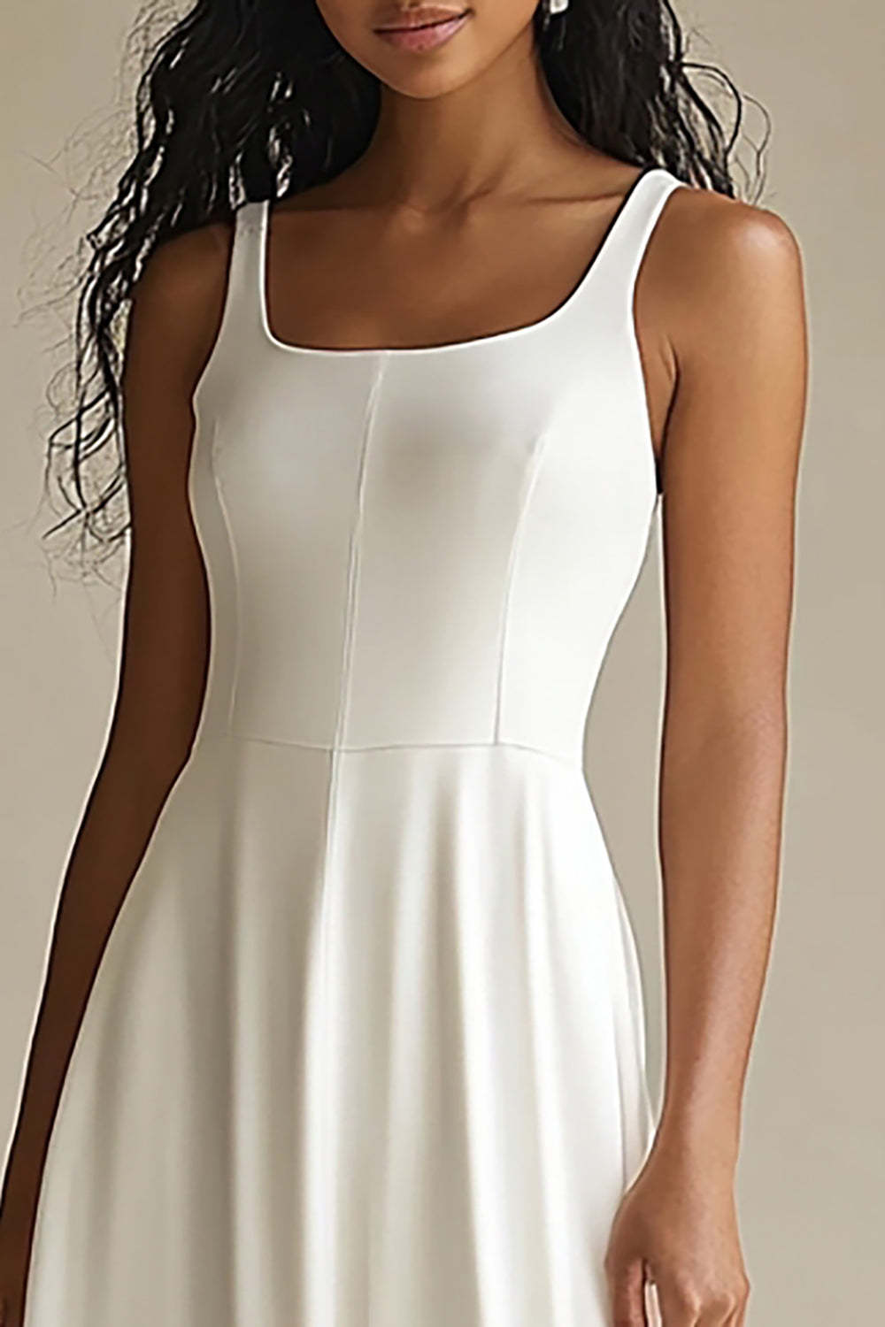 Simple Ivory Scoop Satin A Line Midi Engagement Dress