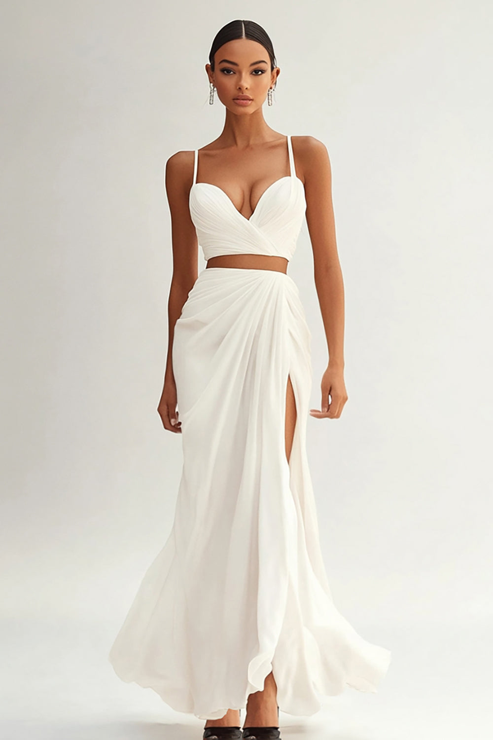 Leely Women Ivory 2 Piece Mermaid Ruched Engagement Dress Spaghetti Straps Maxi Rehearsal Dinner Dress with Slit