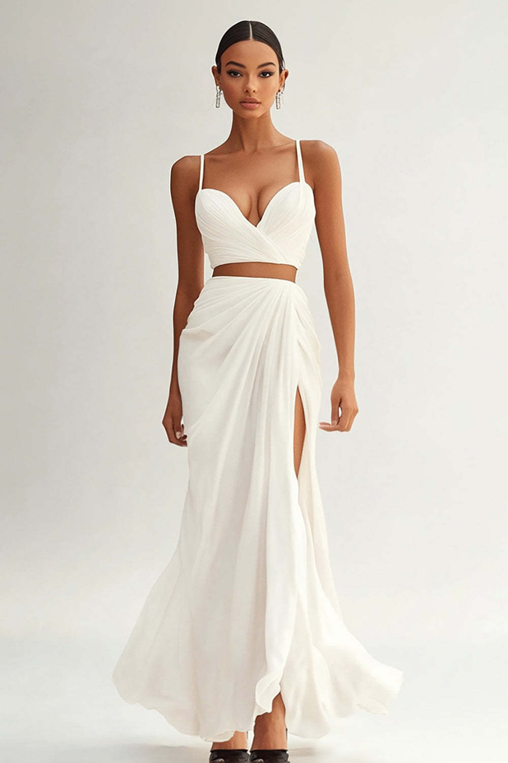 Leely Women Ivory 2 Piece Mermaid Ruched Engagement Dress Spaghetti Straps Maxi Rehearsal Dinner Dress with Slit