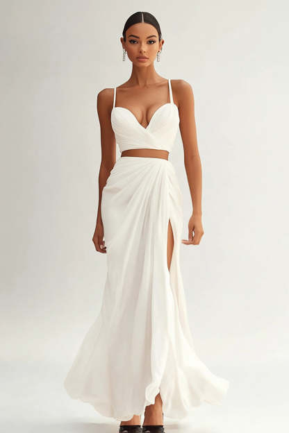 Leely Women Ivory 2 Piece Mermaid Ruched Engagement Dress Spaghetti Straps Maxi Rehearsal Dinner Dress with Slit