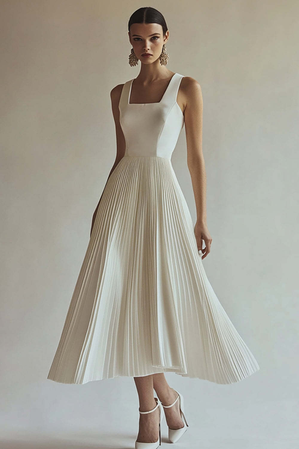 Leely Women Ivory Maxi A Line Engagement Dress Satin Square Neck Pleated Rehearsal Dinner Dress