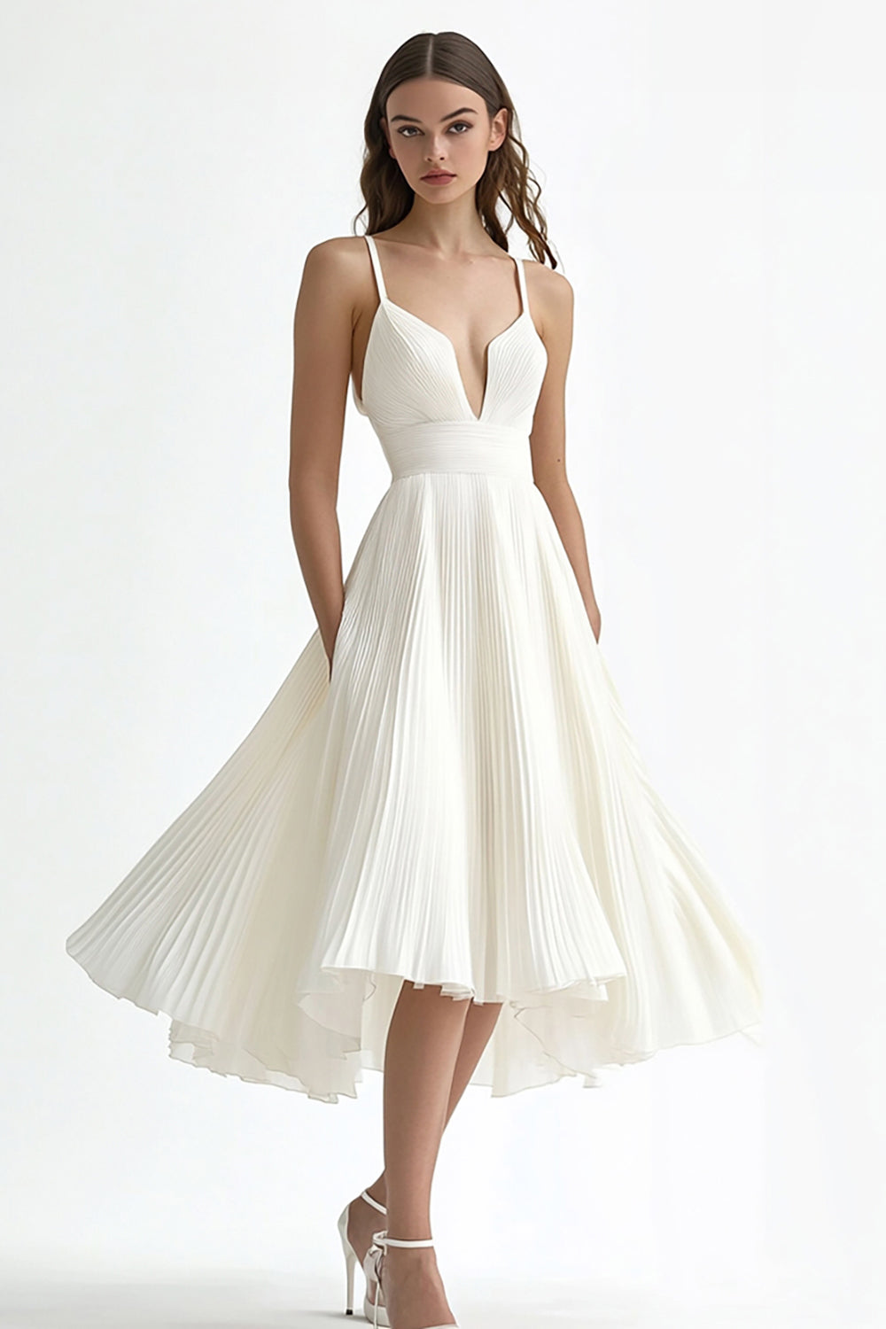Leely Women Ivory Chiffon A Line Midi Engagement Dress Spaghetti Straps Pleated Bridal Shower Dress