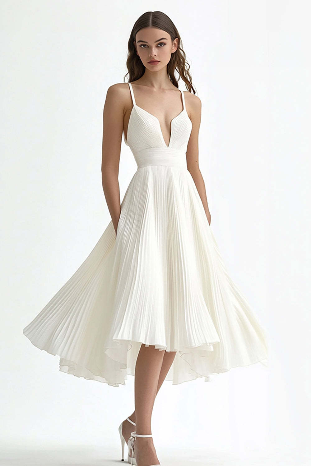 Leely Women Ivory Chiffon A Line Midi Engagement Dress Spaghetti Straps Pleated Bridal Shower Dress