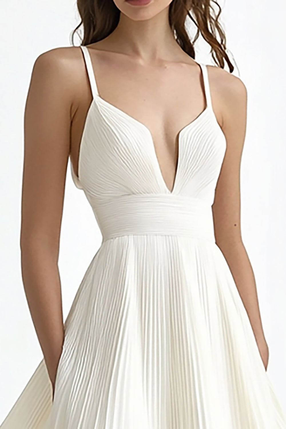 Chiffon Ivory Pleated A Line Midi Engagement Dress