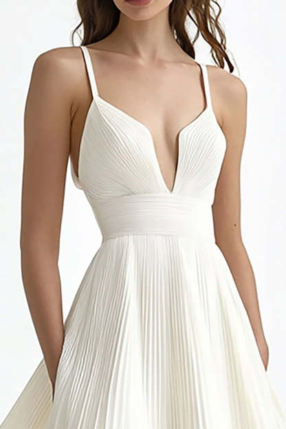 Chiffon Ivory Pleated A Line Midi Engagement Dress