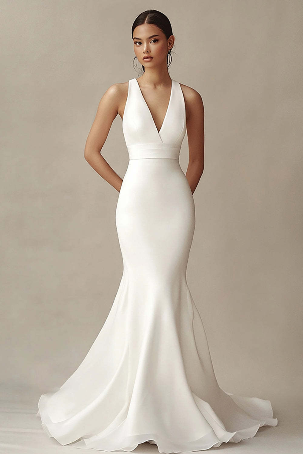 Leely Women Simple Ivory Mermaid Rehearsal Dinner Dress V-Neck Sleeveless Maxi Wedding Reception Dress