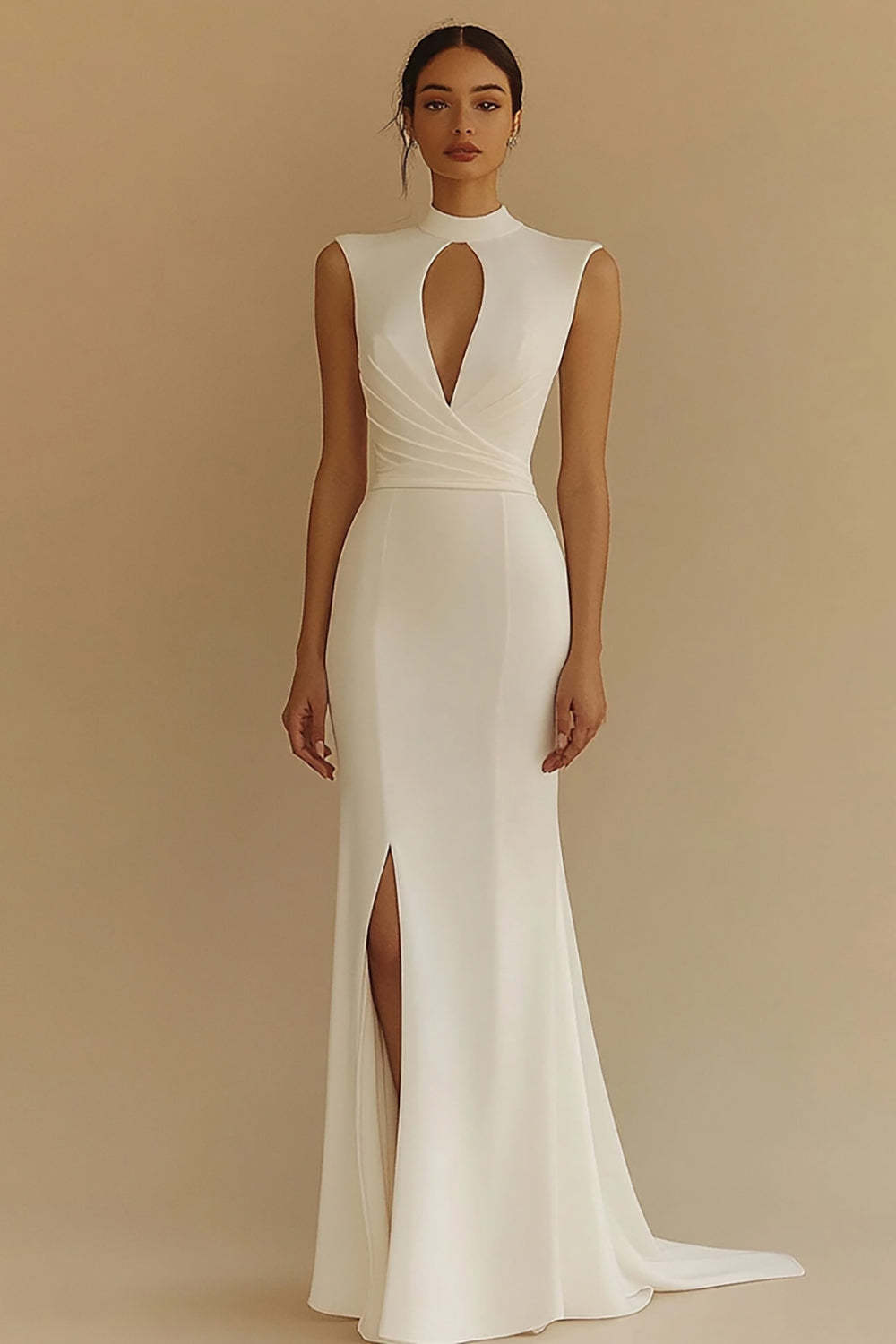 Leely Women Ivory Satin Maxi Rehearsal Dinner Dress High Neck Keyhole Sleeveless Wedding Reception Dress with Slit