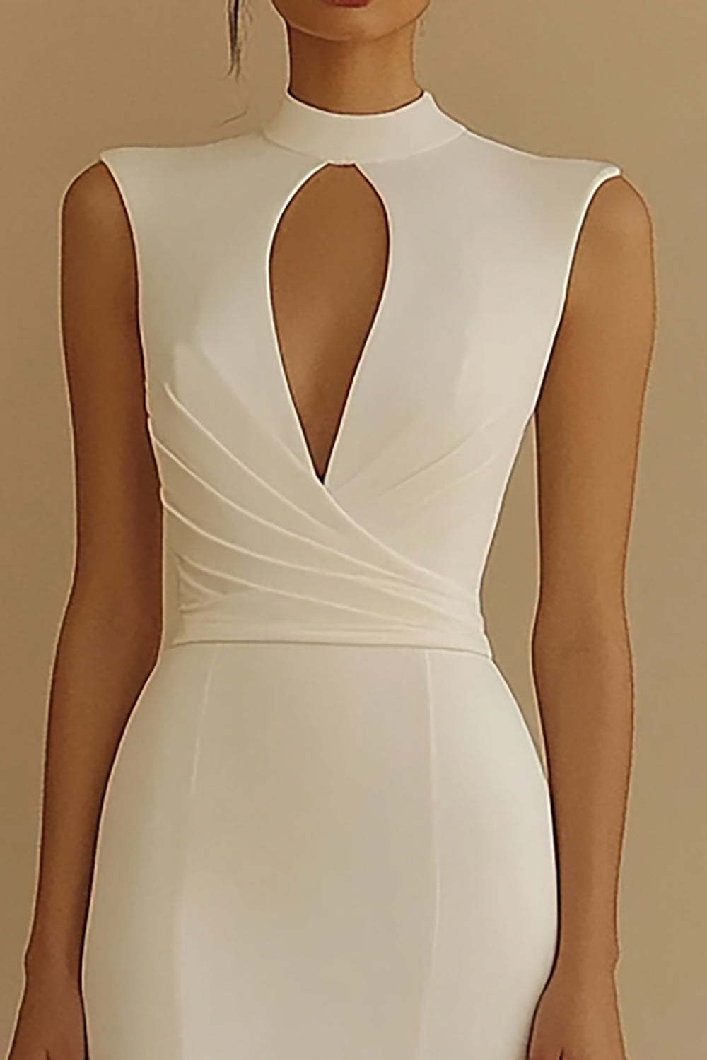 Maxi Ivory High Neck Keyhole Satin Rehearsal Dinner Dress with Slit