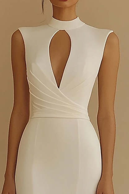 Maxi Ivory High Neck Keyhole Satin Rehearsal Dinner Dress with Slit