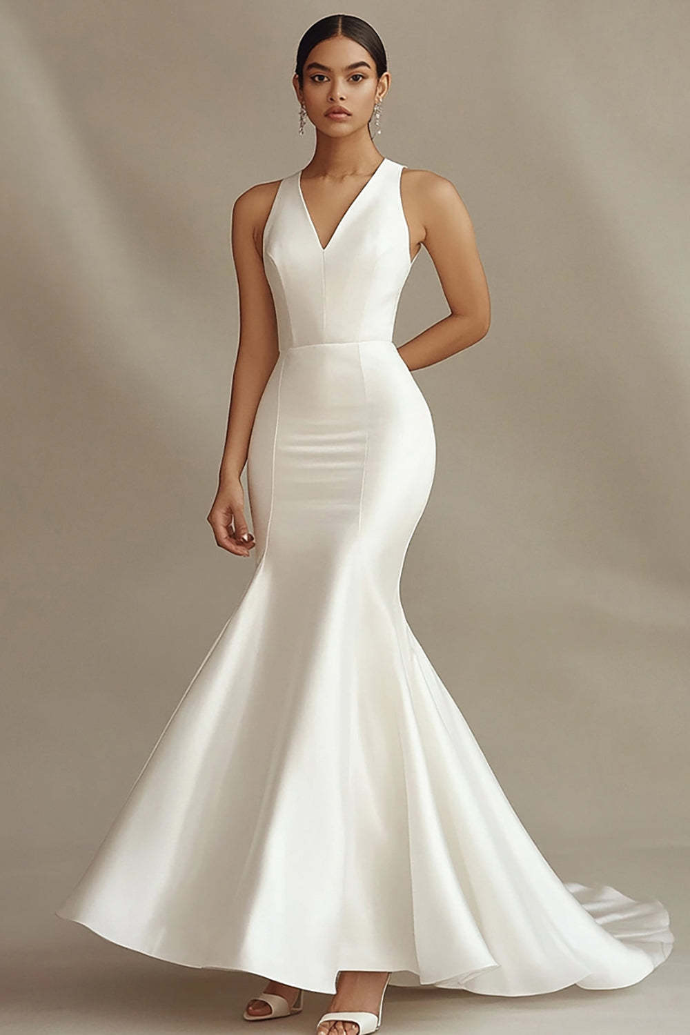 Leely Women Ivory Satin Mermaid Sweep Train Rehearsal Dinner Dress V-Neck Sleeveless Wedding Reception Dress