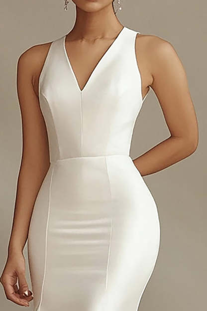 Mermaid Ivory V-Neck Satin Sweep Train Rehearsal Dinner Dress