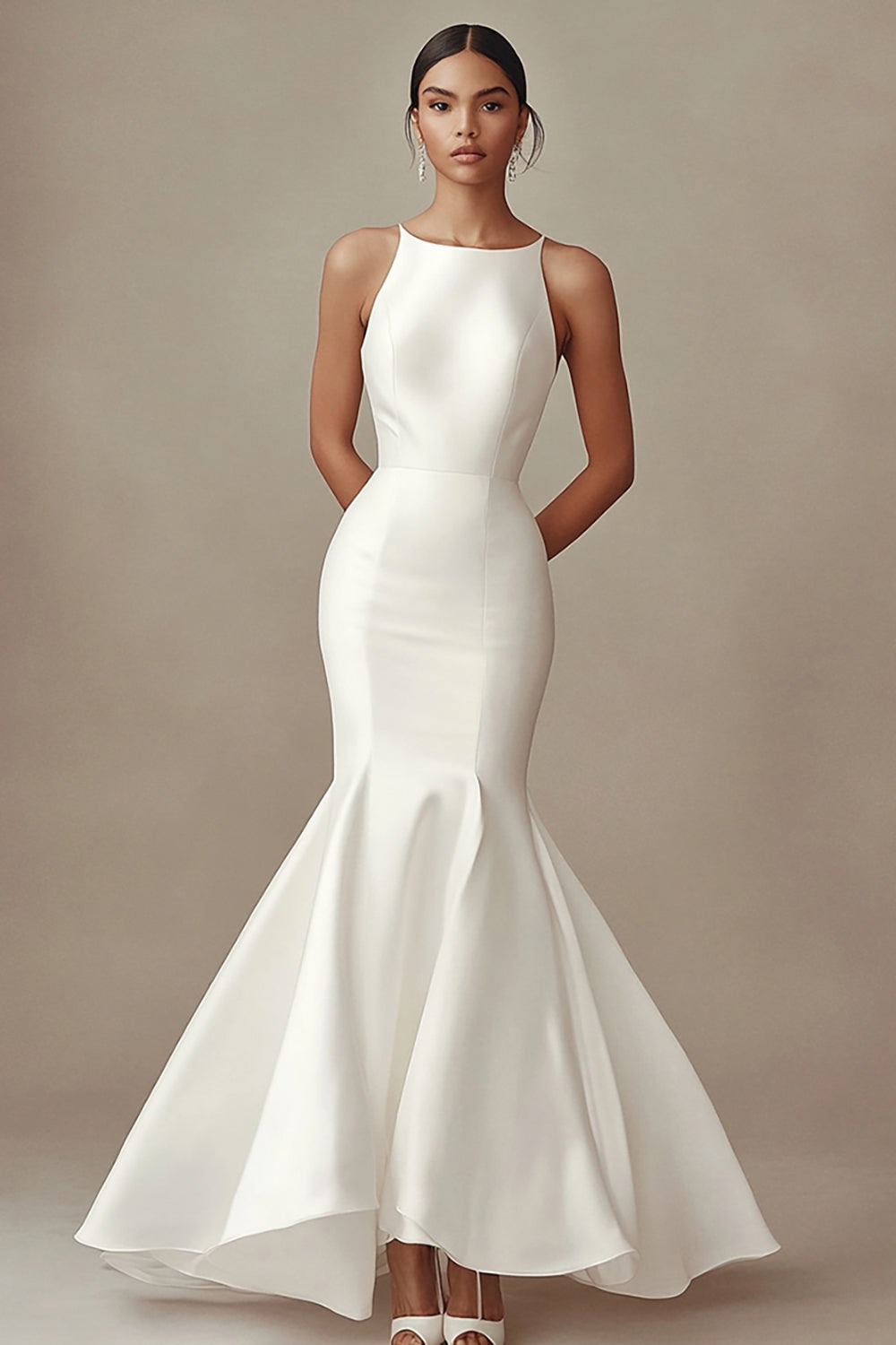 Ivory Mermaid Boat Neck Sleeveless Satin Maxi Rehearsal Dinner Dress