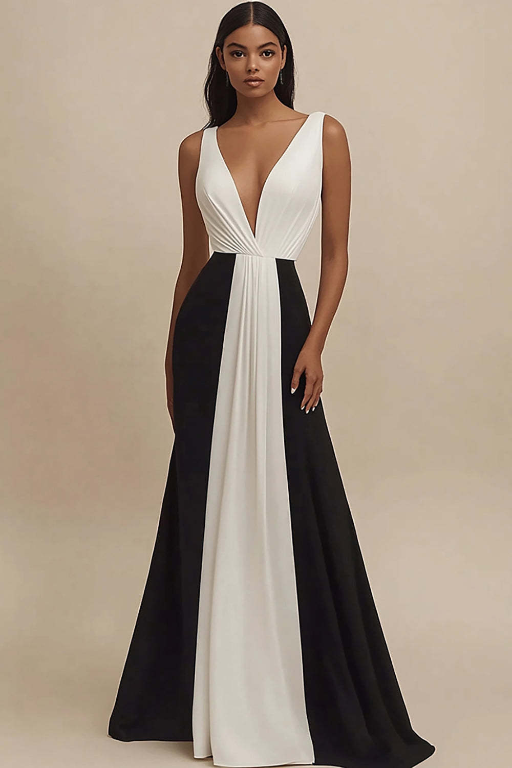 Leely Women Black and White Satin Long Formal Dress Deep V-Neck Ruched Patchwork Evening Dress