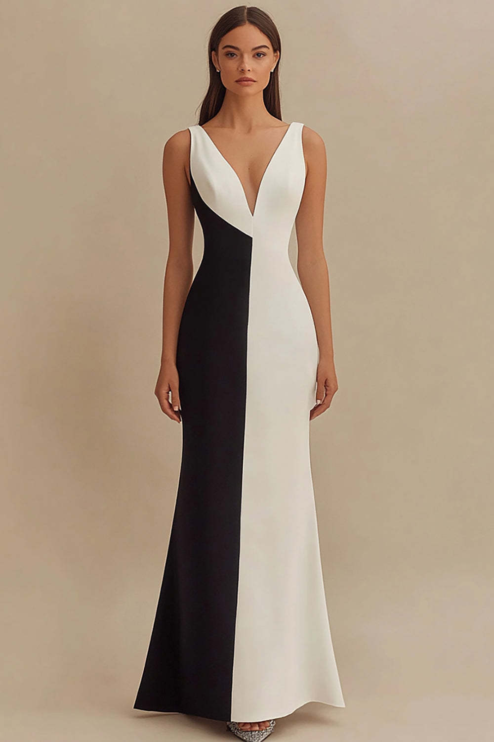 Leely Women Black and White Satin Maxi Formal Dress V-Neck Patchwork Mermaid Evening Dress