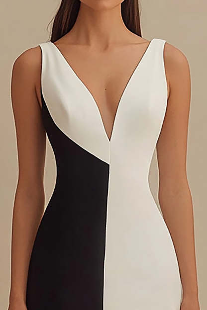 Black and White Satin V-Neck Sleeveless Mermaid Long Formal Dress