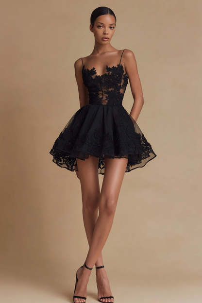 Leely Women Tulle A Line Cocktail Dress with Appliques Spaghetti Straps Lace Little Black Dress