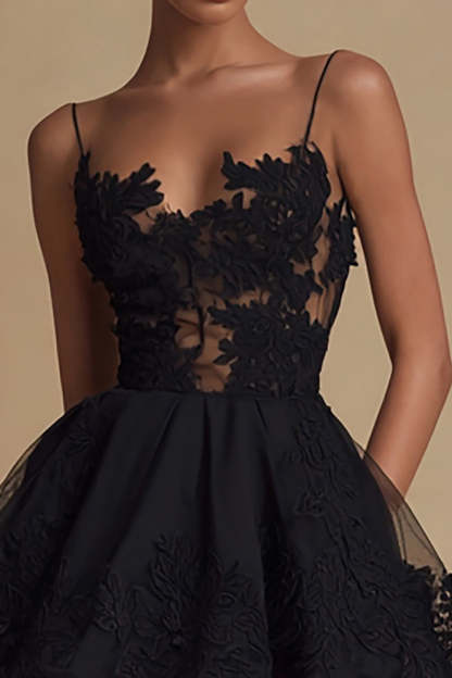Black Tulle A Line Spaghetti Straps Mini Cocktail Dress with Applique