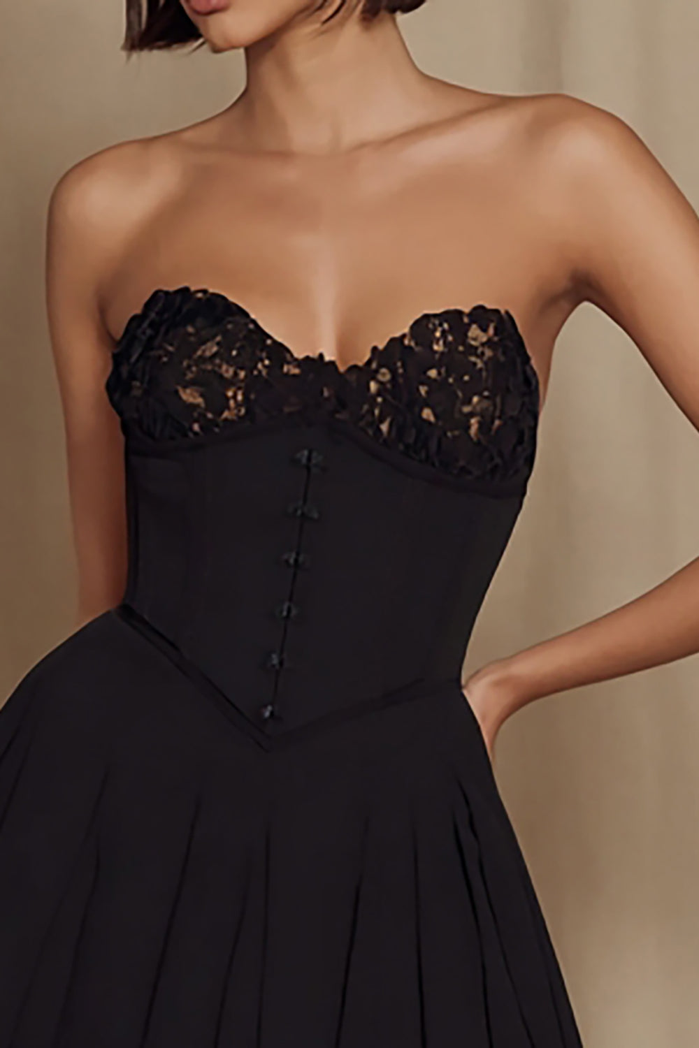 Cute Black A Line Strapless Mini Cocktail Dress with Lace