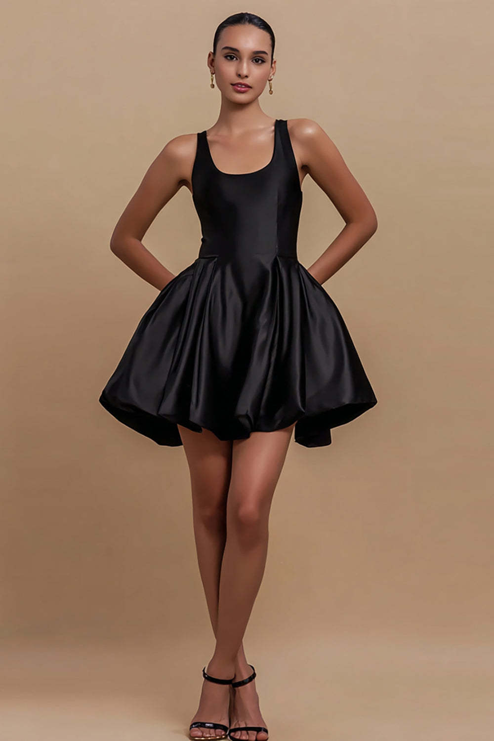 Leely Women Simple Satin Mini Cocktail Dress A Line Scoop Neck Little Black Dress with Ruffles