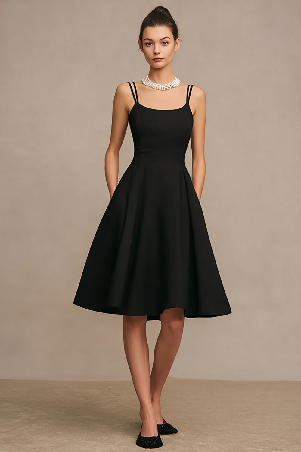 Leely Women Simple Satin Midi Cocktail Dress A Line Spaghetti Straps Sleeveless Little Black Dress